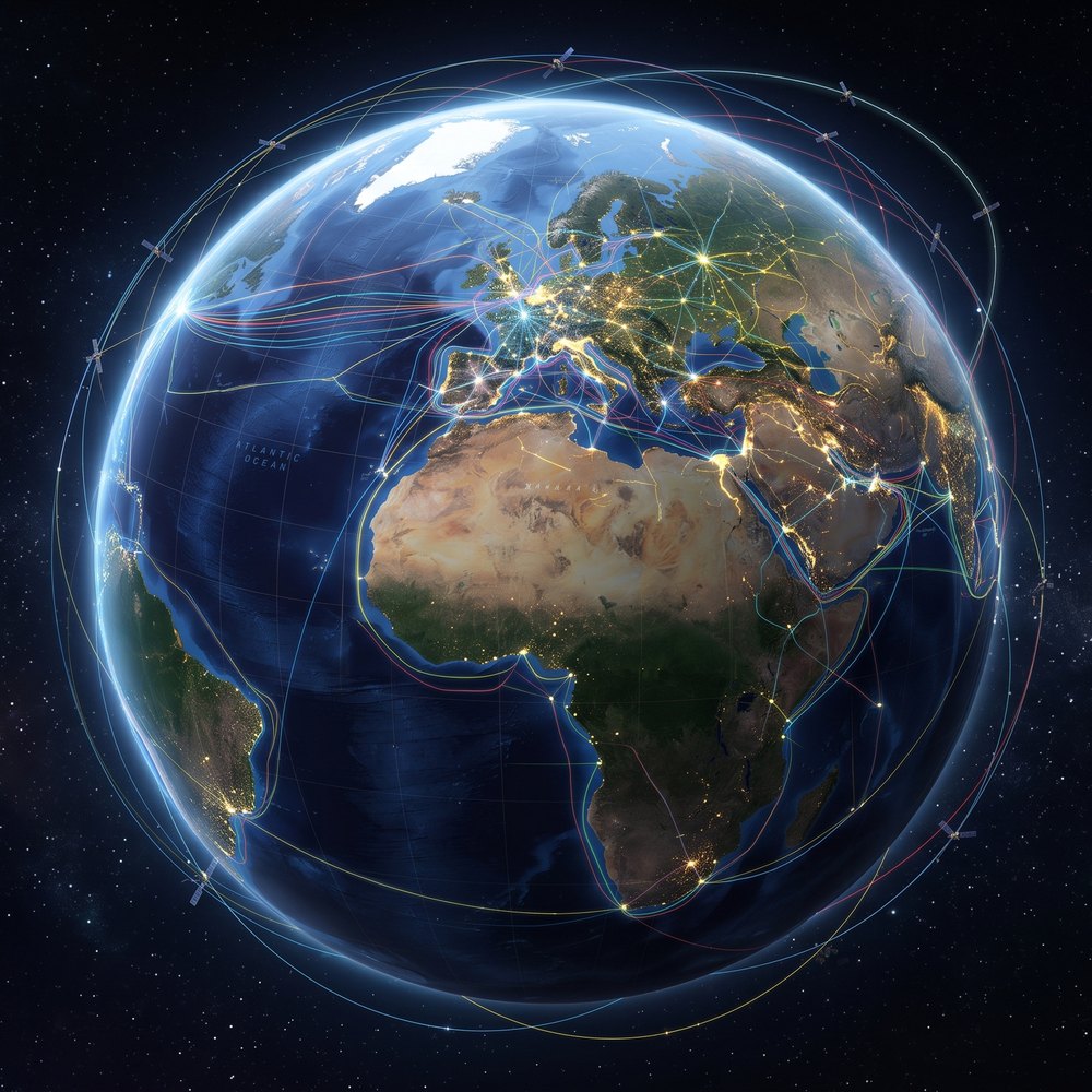 The Earth seen from space, threaded with network connections